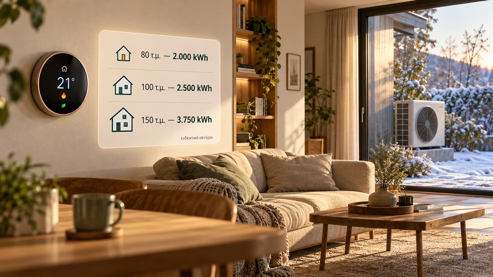 : Στο ενδεικτικό σενάριο του 4green, μια αντλία θερμότητας καταναλώνει 2.000 kWh σε σπίτι 80 τ.μ., 2.500 kWh σε 100 τ.μ. και 3.750 kWh σε 150 τ.μ. για μία περίοδο θέρμανσης.