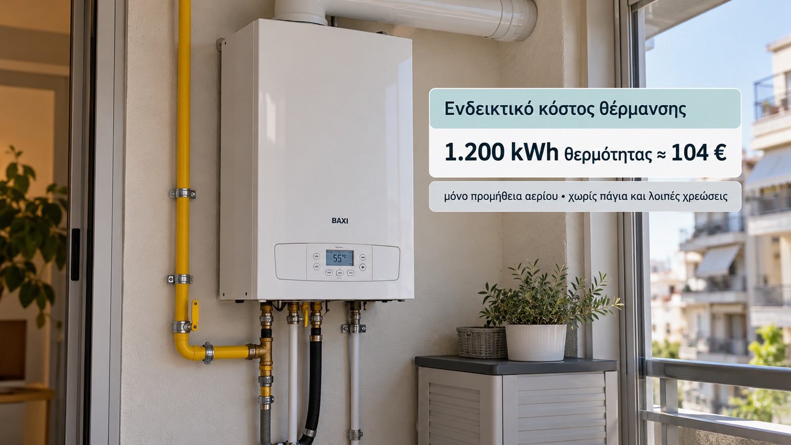 : Στο ενδεικτικό παράδειγμα, 1.200 kWh χρήσιμης θερμότητας κοστίζουν περίπου 104 ευρώ σε προμήθεια φυσικού αερίου, χωρίς τις πρόσθετες χρεώσεις. : Στο ενδεικτικό παράδειγμα, 1.200 kWh χρήσιμης θερμότητας κοστίζουν περίπου 104 ευρώ σε προμήθεια φυσικού αερίου, χωρίς τις πρόσθετες χρεώσεις.