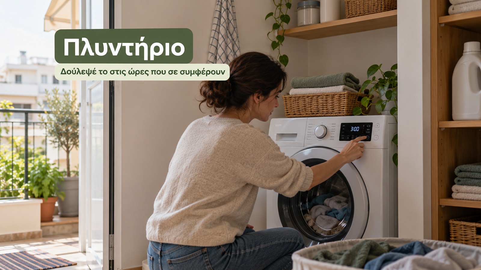 Το πλυντήριο μπορεί να λειτουργεί και το μεσημέρι με χαμηλότερη χρέωση. Προγραμμάτισε την πλύση ώστε να ολοκληρώνεται μέσα στη μειωμένη ζώνη, εφόσον το τιμολόγιό σου προσφέρει φθηνότερο ρεύμα.
