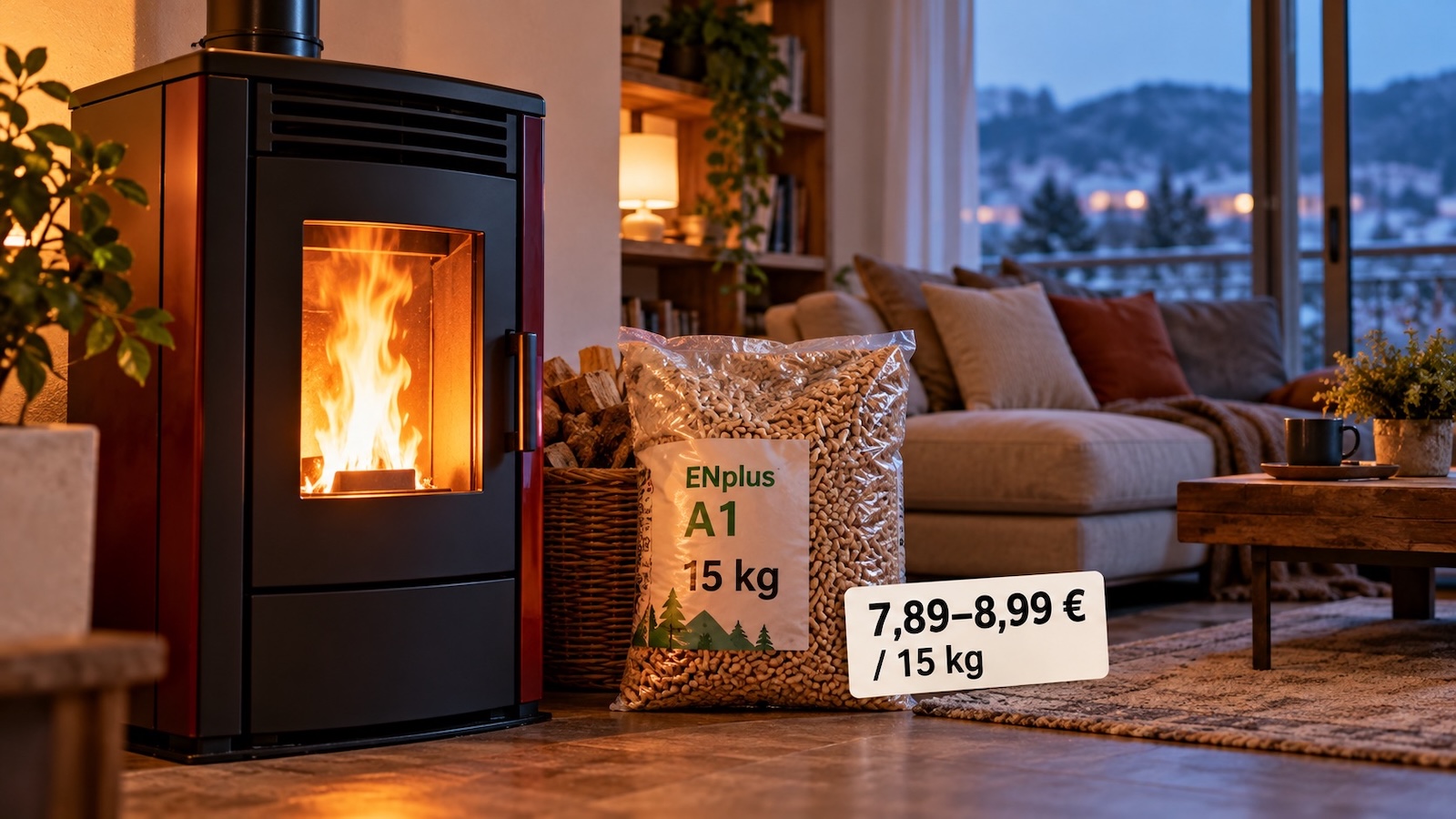 Το pellet ENplus A1 κοστίζει σήμερα περίπου 7,89–8,99 ευρώ το σακί των 15 kg, αλλά μετρά και η απόδοση της σόμπας.