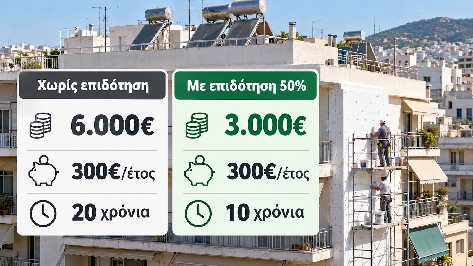 Σε υποθετικό έργο 6.000 ευρώ με ετήσια εξοικονόμηση 300 ευρώ, επιδότηση 50% μειώνει την απλή απόσβεση από 20 σε 10 χρόνια. Σε υποθετικό έργο 6.000 ευρώ με ετήσια εξοικονόμηση 300 ευρώ, επιδότηση 50% μειώνει την απλή απόσβεση από 20 σε 10 χρόνια.