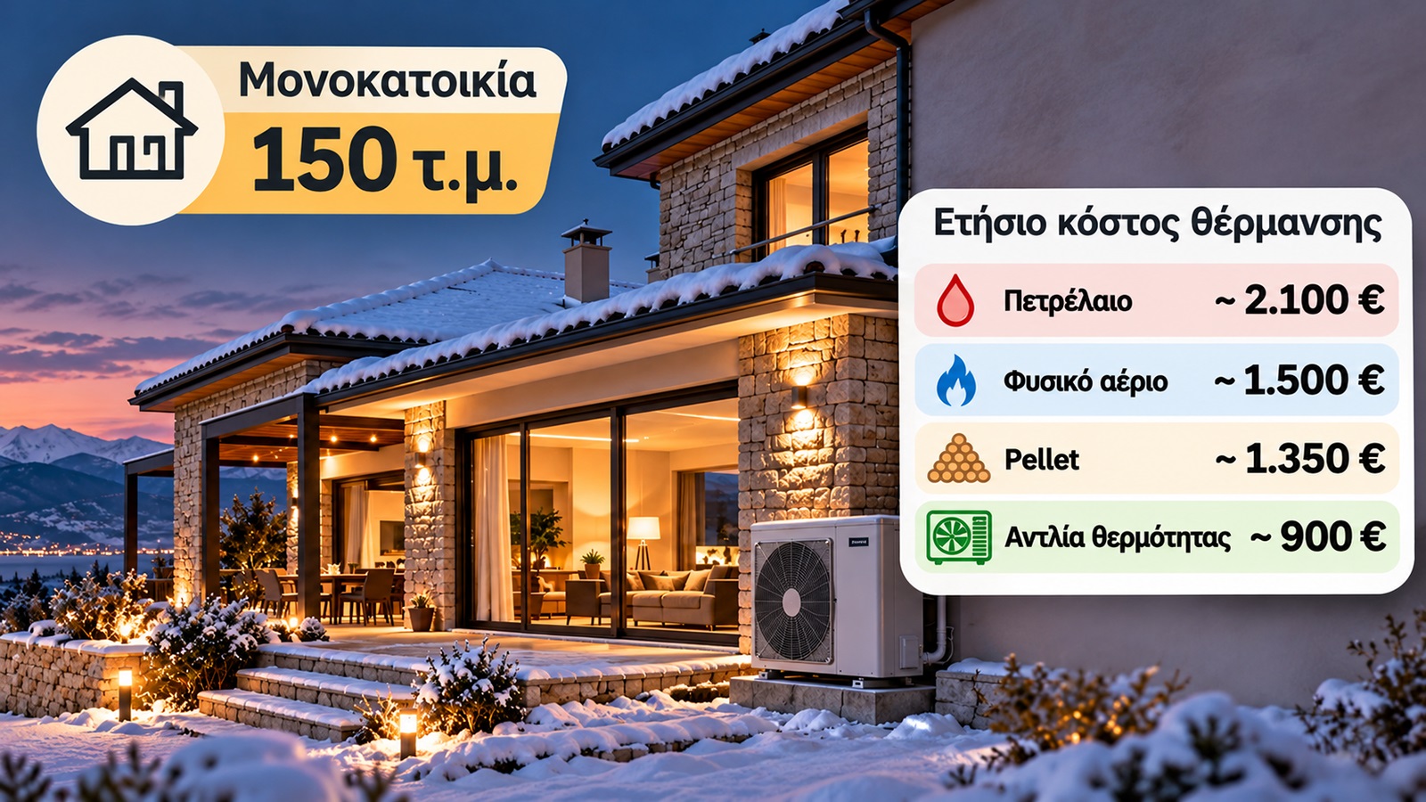Σε μονοκατοικία 150 τ.μ. με μεγάλες ανάγκες θέρμανσης, η αντλία θερμότητας αξίζει να συγκριθεί με τον υπάρχοντα λέβητα. Η πραγματική οικονομία εξαρτάται από τη μόνωση, τα σώματα και τις ώρες λειτουργί