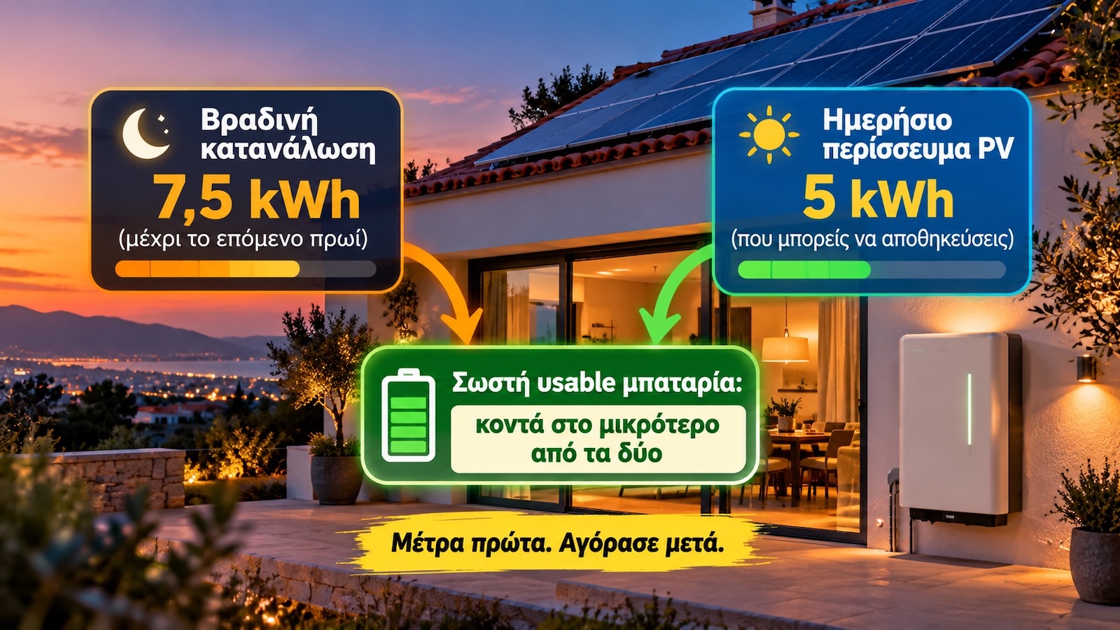 Η σωστή χωρητικότητα βρίσκεται συγκρίνοντας δύο νούμερα: τη βραδινή κατανάλωση και το διαθέσιμο φωτοβολταϊκό πλεόνασμα.