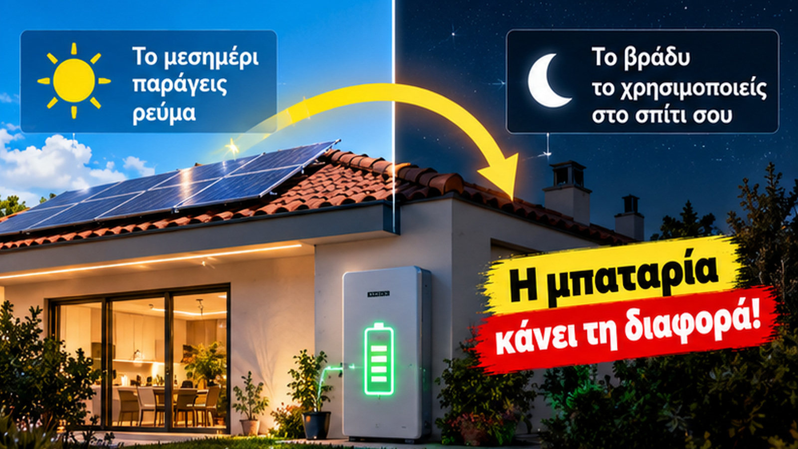 Η οικιακή μπαταρία αποθηκεύει την πλεονάζουσα ηλιακή ενέργεια το μεσημέρι και την επιστρέφει στο σπίτι όταν τη χρειάζεται, ακόμη και μετά τη δύση του ήλιου.