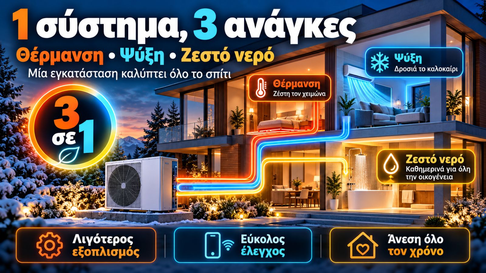 Μία αντλία θερμότητας μπορεί να προσφέρει θέρμανση τον χειμώνα, ψύξη το καλοκαίρι και ζεστό νερό καθημερινά, συνδυάζοντας τρεις βασικές ανάγκες του σπιτιού σε μία εγκατάσταση. Μία αντλία θερμότητας μπορεί να προσφέρει θέρμανση τον χειμώνα, ψύξη το καλοκαίρι και ζεστό νερό καθημερινά, συνδυάζοντας τρεις βασικές ανάγκες του σπιτιού σε μία εγκατάσταση.