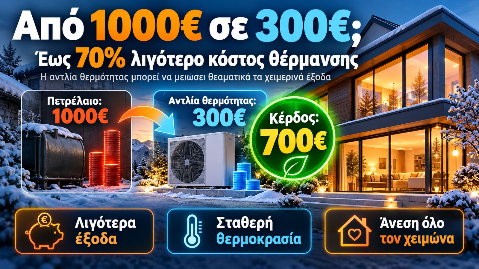 Με αντλία θερμότητας, το κόστος θέρμανσης μπορεί να μειωθεί έως 70%. Για παράδειγμα, μια κατοικία που ξόδευε 1.000¤ σε πετρέλαιο μπορεί, υπό κατάλληλες συνθήκες, να περιορίσει τα έξοδα στα 300¤, εξοικ Με αντλία θερμότητας, το κόστος θέρμανσης μπορεί να μειωθεί έως 70%. Για παράδειγμα, μια κατοικία που ξόδευε 1.000¤ σε πετρέλαιο μπορεί, υπό κατάλληλες συνθήκες, να περιορίσει τα έξοδα στα 300¤, εξοικ