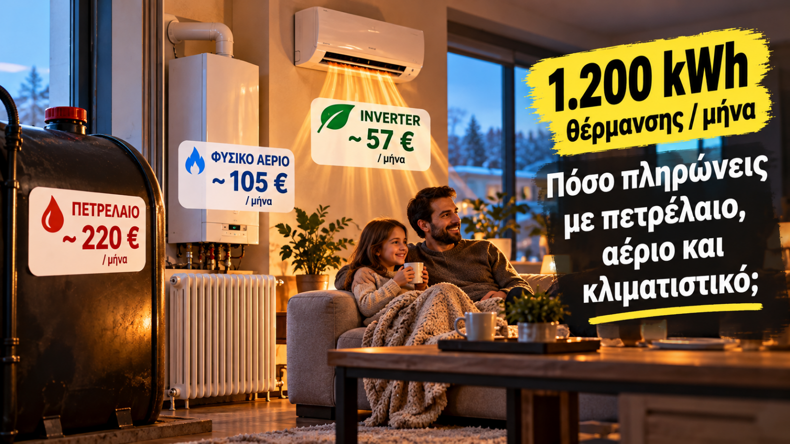 Για την ίδια ποσότητα ζέστης, το λειτουργικό κόστος μπορεί να απέχει πολύ ανάμεσα σε πετρέλαιο, φυσικό αέριο και inverter.
Για την ίδια ποσότητα ζέστης, το λειτουργικό κόστος μπορεί να απέχει πολύ ανάμεσα σε πετρέλαιο, φυσικό αέριο και inverter.