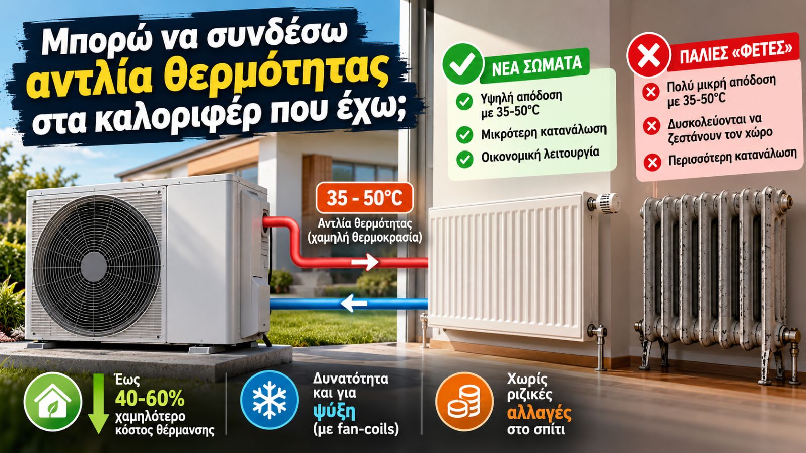 Η αντλία θερμότητας μπορεί να συνδεθεί στο υπάρχον δίκτυο καλοριφέρ, χωρίς απαραίτητα να αλλάξουν σωληνώσεις και σώματα. Η αντλία θερμότητας μπορεί να συνδεθεί στο υπάρχον δίκτυο καλοριφέρ, χωρίς απαραίτητα να αλλάξουν σωληνώσεις και σώματα.