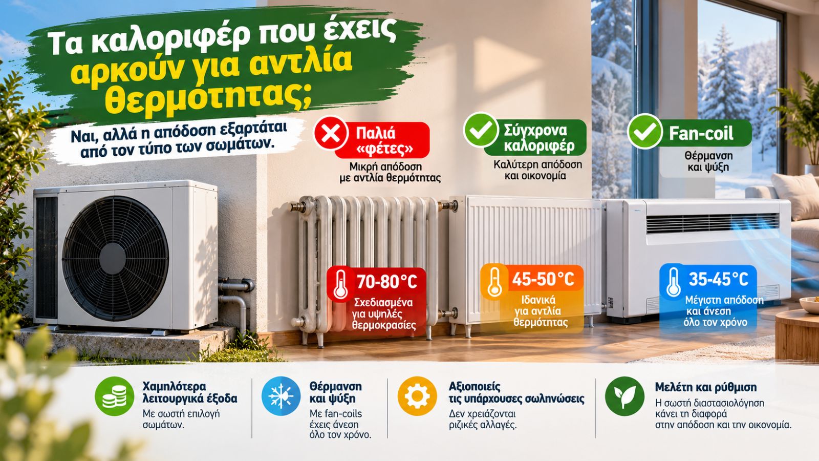 Τα παλιά καλοριφέρ τύπου «φέτες» μπορούν να λειτουργήσουν με αντλία θερμότητας, αλλά χρειάζεται έλεγχος της απόδοσής τους σε χαμηλότερες θερμοκρασίες νερού. Τα παλιά καλοριφέρ τύπου «φέτες» μπορούν να λειτουργήσουν με αντλία θερμότητας, αλλά χρειάζεται έλεγχος της απόδοσής τους σε χαμηλότερες θερμοκρασίες νερού.