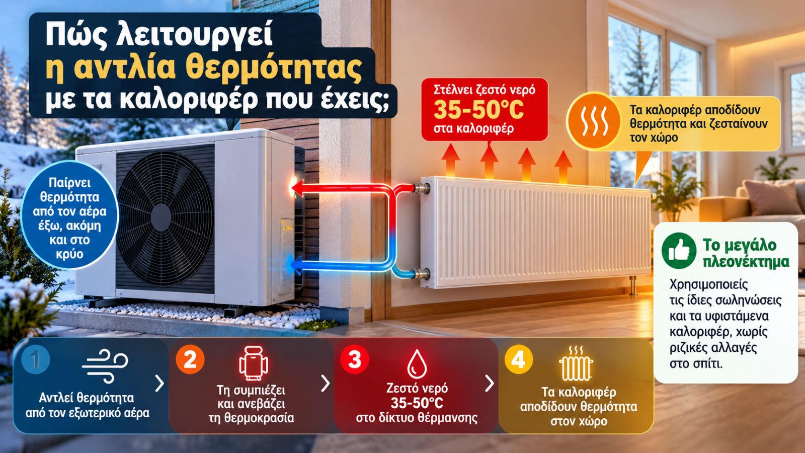 Η αντλία θερμότητας ζεσταίνει το νερό που κυκλοφορεί στα καλοριφέρ. Όσο χαμηλότερη είναι η απαιτούμενη θερμοκρασία νερού, τόσο οικονομικότερη μπορεί να είναι η λειτουργία της.