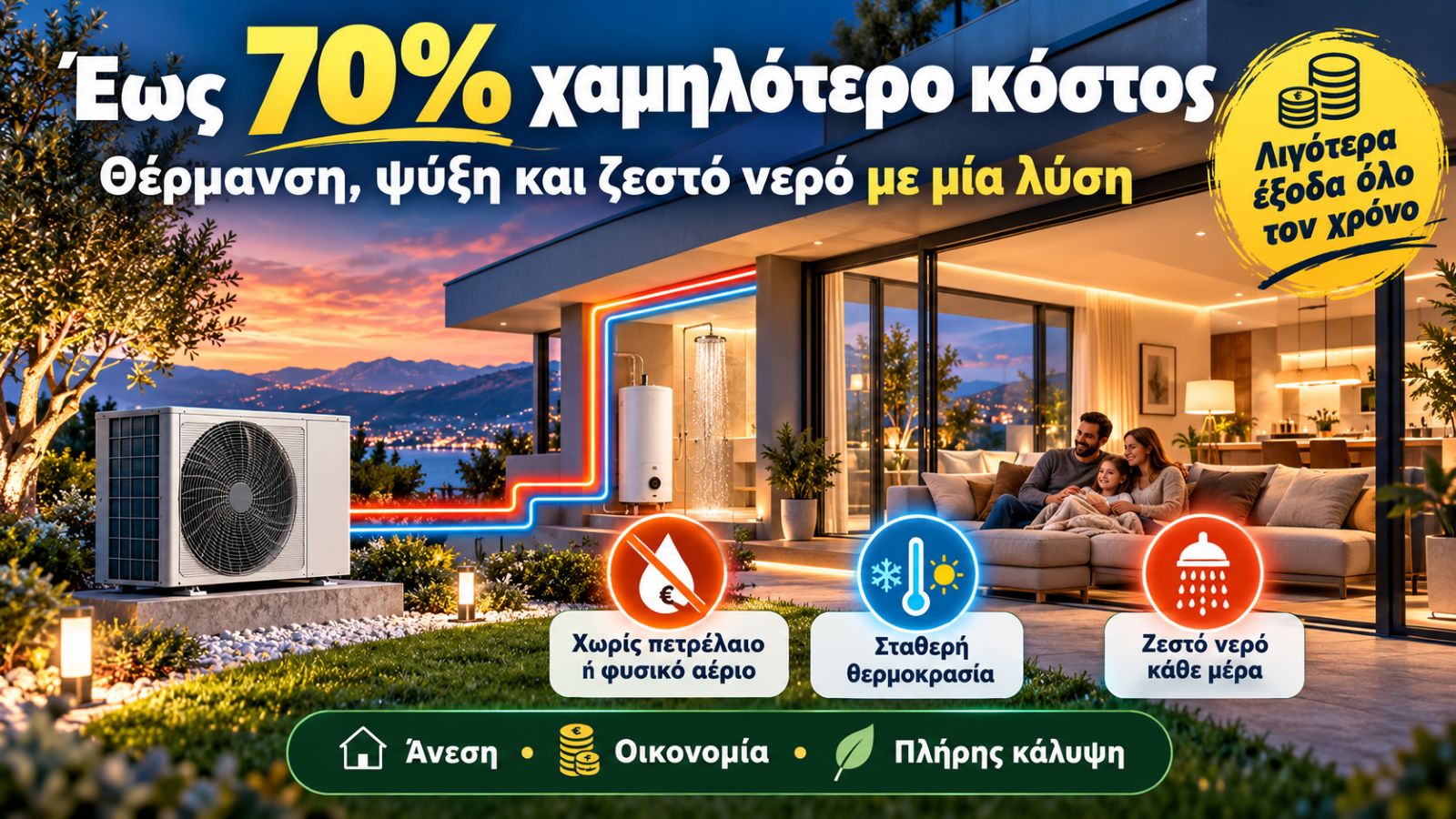 Θέρμανση, ψύξη και ζεστό νερό με μία λύση, χωρίς πετρέλαιο ή φυσικό αέριο, με στόχο έως 70% χαμηλότερο κόστος λειτουργίας.