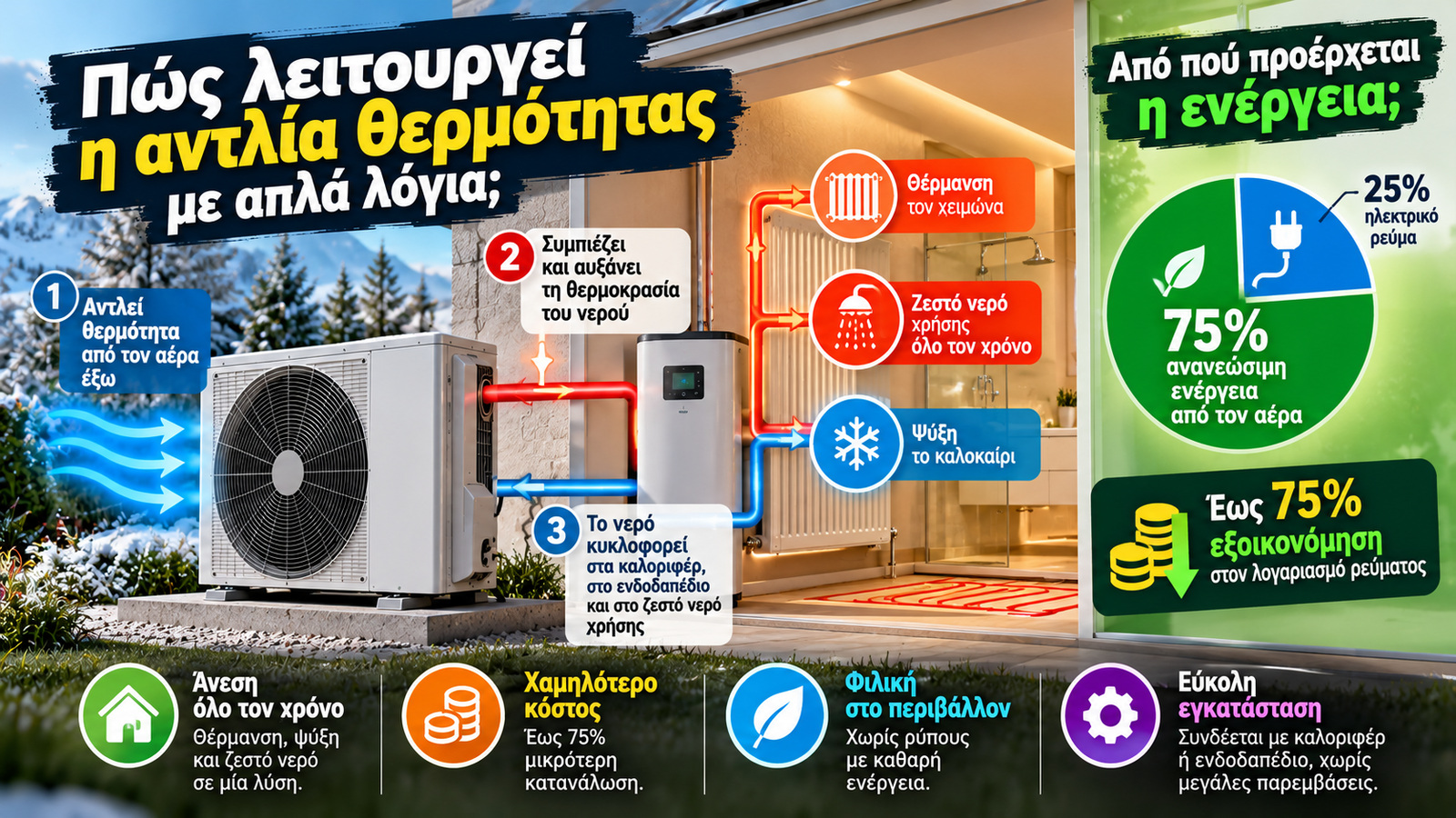 Η αντλία θερμότητας αξιοποιεί την ενέργεια του εξωτερικού αέρα για να ζεστάνει το σπίτι και να παράγει ζεστό νερό χρήσης. Με κατάλληλο σύστημα μπορεί να προσφέρει και ψύξη το καλοκαίρι, μειώνοντας την