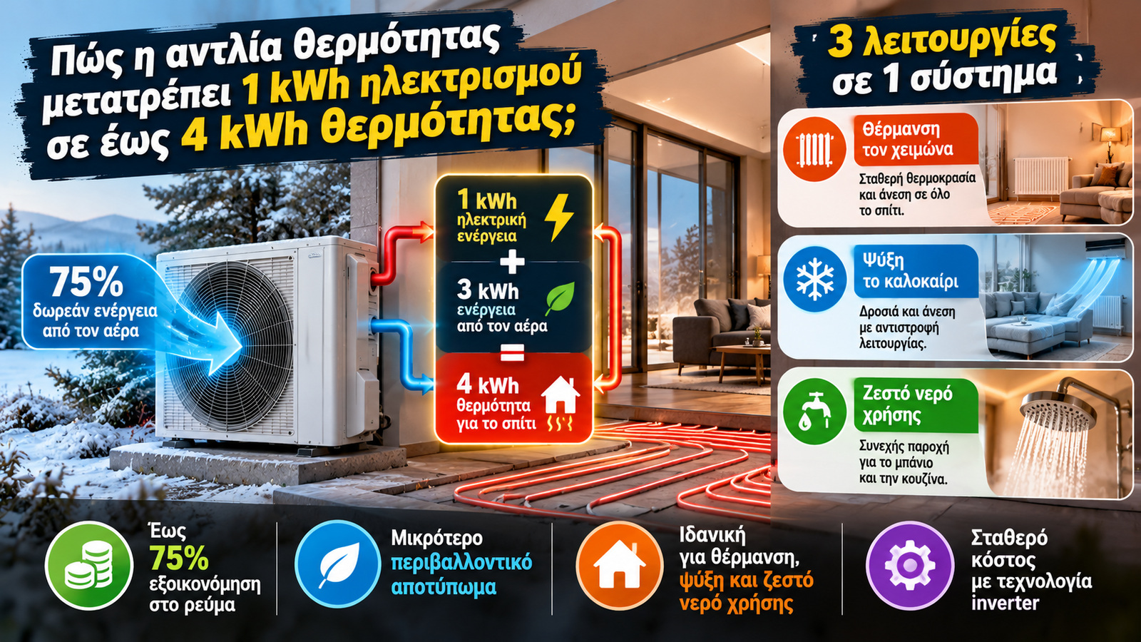 Με συντελεστή απόδοσης COP 4, η αντλία θερμότητας μπορεί να προσφέρει 4 kWh θερμότητας καταναλώνοντας μόλις 1 kWh ηλεκτρικής ενέργειας. Οι υπόλοιπες 3 kWh προέρχονται από τον εξωτερικό αέρα, εξηγώντας