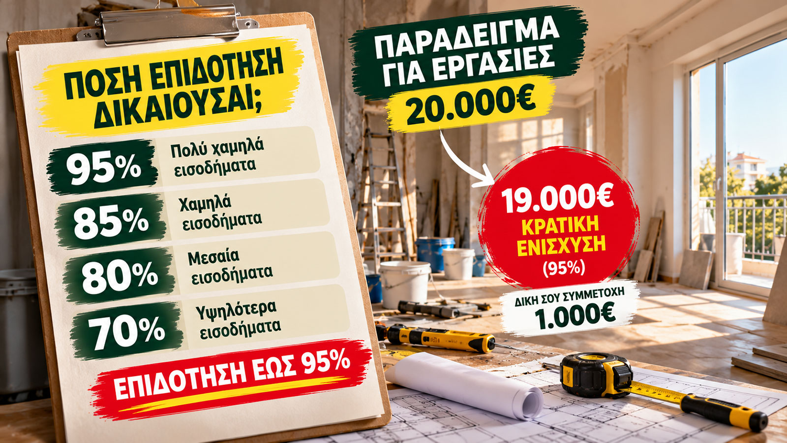 Για εργασίες ανακαίνισης αξίας 20.000¤, η επιδότηση μπορεί να φτάσει τα 19.000¤, εφόσον ο δικαιούχος πληροί τις προϋποθέσεις για ενίσχυση 95%. Σε αυτή την περίπτωση, η προσωπική συμμετοχή περιορίζεται