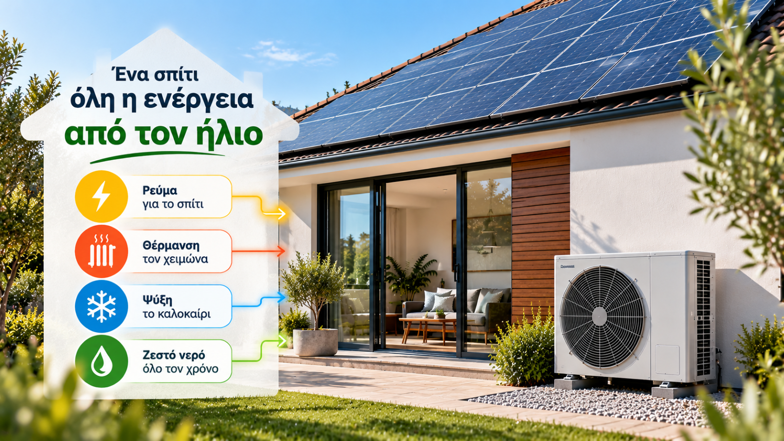 Με φωτοβολταϊκά και αντλία θερμότητας, το σπίτι παράγει δικό του ρεύμα και το αξιοποιεί για θέρμανση τον χειμώνα, ψύξη το καλοκαίρι και ζεστό νερό όλο τον χρόνο.