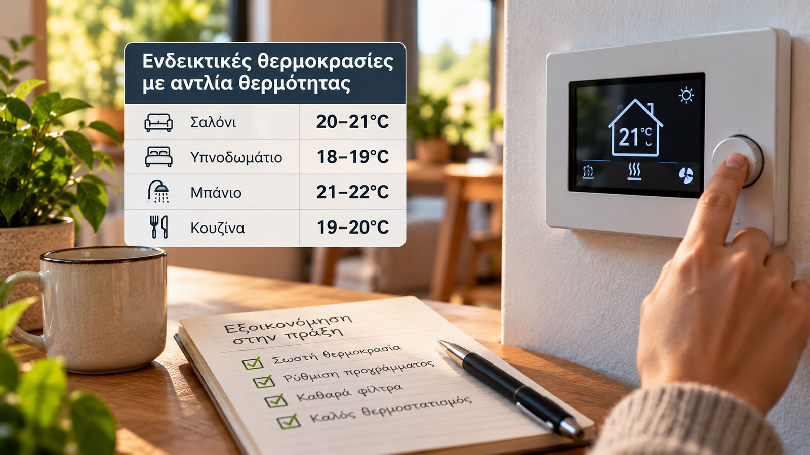 Η σωστή ρύθμιση του θερμοστάτη βοηθά στον περιορισμό της κατανάλωσης ενέργειας. Ενδεικτικά, θερμοκρασίες 20–21°C στο σαλόνι και 18–19°C στο υπνοδωμάτιο μπορούν να προσφέρουν άνεση χωρίς πε
