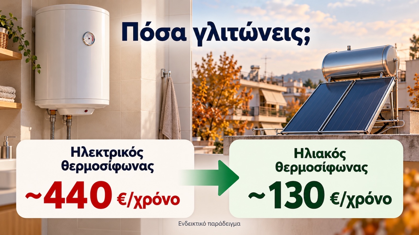 Ο ηλιακός μειώνει το ρεύμα που θα έκαιγε ο ηλεκτρικός θερμοσίφωνας, άρα ρίχνει το ετήσιο κόστος ζεστού νερού. Ο ηλιακός μειώνει το ρεύμα που θα έκαιγε ο ηλεκτρικός θερμοσίφωνας, άρα ρίχνει το ετήσιο κόστος ζεστού νερού.