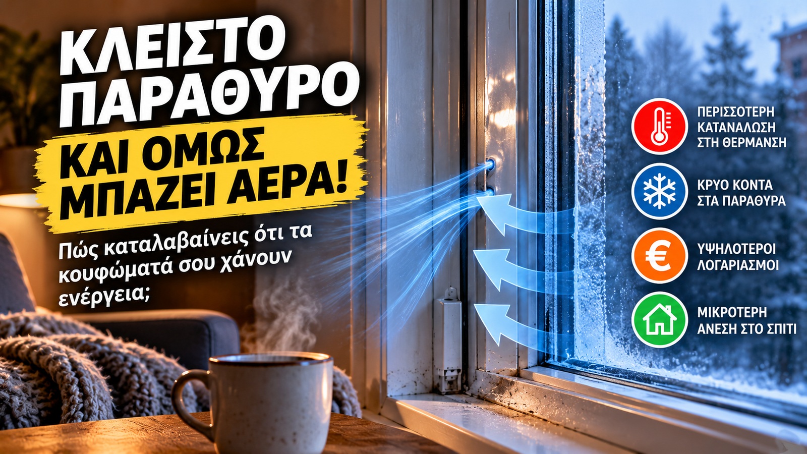 Το παράθυρο μπορεί να είναι κλειστό, αλλά ο κρύος αέρας να περνά από φθαρμένα λάστιχα ή σημεία που δεν στεγανοποιούν σωστά. Έτσι αυξάνονται οι ανάγκες θέρμανσης. Το παράθυρο μπορεί να είναι κλειστό, αλλά ο κρύος αέρας να περνά από φθαρμένα λάστιχα ή σημεία που δεν στεγανοποιούν σωστά. Έτσι αυξάνονται οι ανάγκες θέρμανσης.