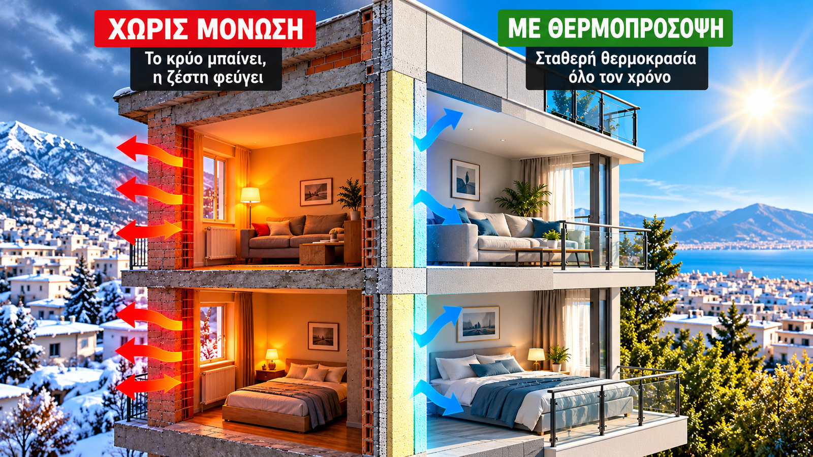 Χωρίς μόνωση οι εξωτερικοί τοίχοι αφήνουν περισσότερη θερμότητα να διαφύγει τον χειμώνα. Με θερμοπρόσοψη οι απώλειες περιορίζονται, αλλά η εξοικονόμηση διαφέρει ανά σπίτι.