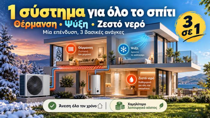 Μία αντλία θερμότητας μπορεί να καλύψει θέρμανση, ψύξη και ζεστό νερό, προσφέροντας άνεση όλο τον χρόνο με χαμηλότερο λειτουργικό κόστος.