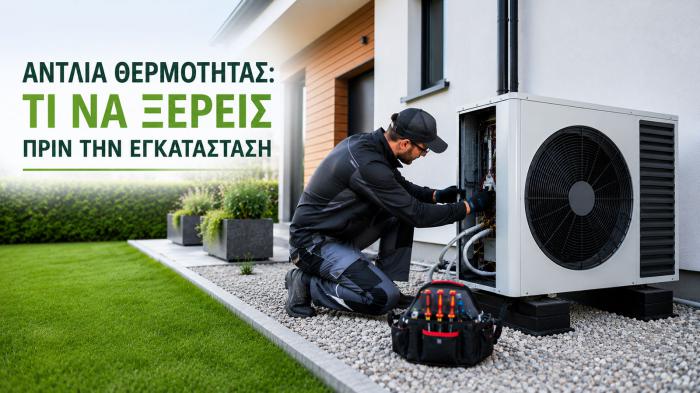 Modern heat pump outside a house with technician during installation.