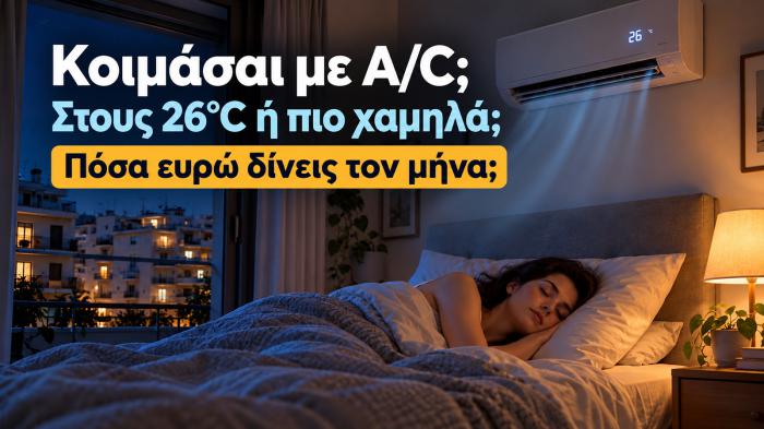 Κοιμάσαι με το κλιματιστικό ανοιχτό; Δες πόσο μπορεί να πληρώνεις για 8 ώρες λει Κοιμάσαι με το κλιματιστικό ανοιχτό; Δες πόσο μπορεί να πληρώνεις για 8 ώρες λειτουργίας και τι αλλάζει όταν το ρυθμίζεις στους 26°C.